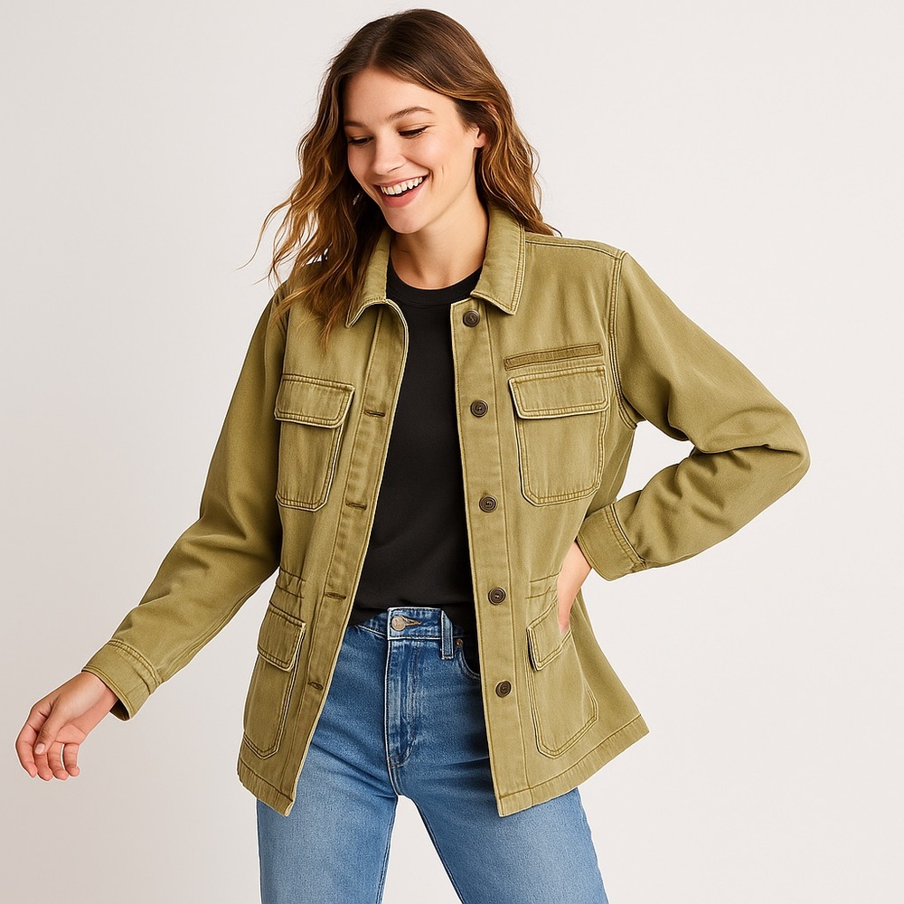 Free People Tan/Greenish Hue Jean Military Jacket with Relaxed Fit Oversized Fit - Picture 10 of 13
